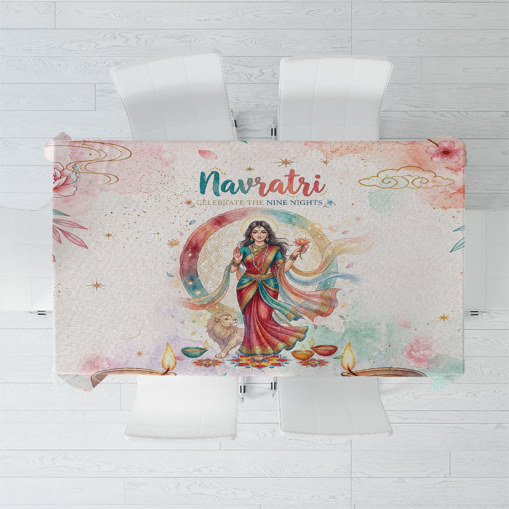 Happy Navratri Nine Nights Festival Tablecloth Goddess Durga Lion Diya Lamp Watercolor Art