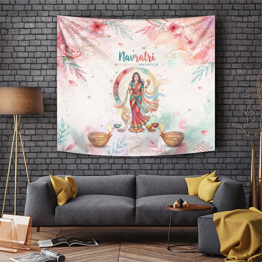 Happy Navratri Nine Nights Festival Tapestry Goddess Durga Lion Diya Lamp Watercolor Art