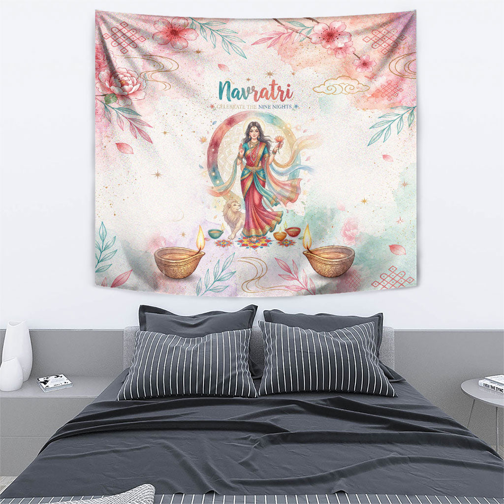 Happy Navratri Nine Nights Festival Tapestry Goddess Durga Lion Diya Lamp Watercolor Art