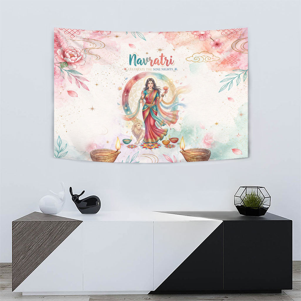 Happy Navratri Nine Nights Festival Tapestry Goddess Durga Lion Diya Lamp Watercolor Art