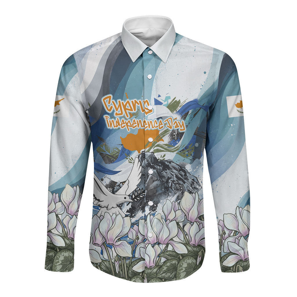 Cyprus Independence Day Mouflon Heritage Long Sleeve Button Shirt Cyprus Flag Mouflon Ram Cyclamen Flower