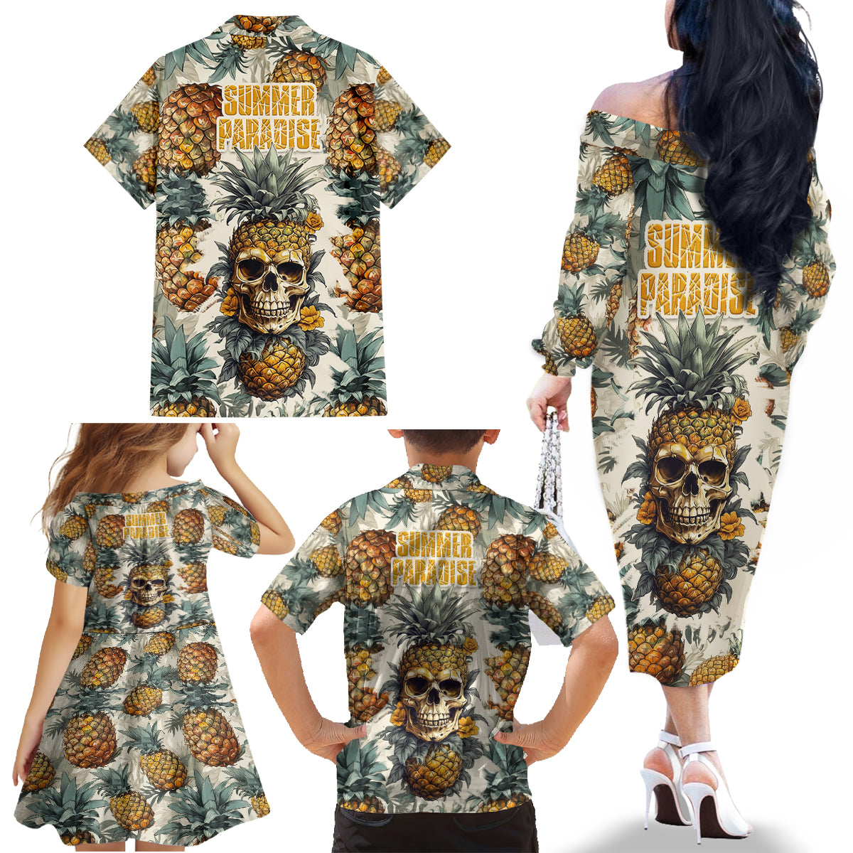 Pineapple Skull Family Matching Off Shoulder Long Sleeve Dress and Hawaiian Shirt Summer Paradise - Wonder Print Shop