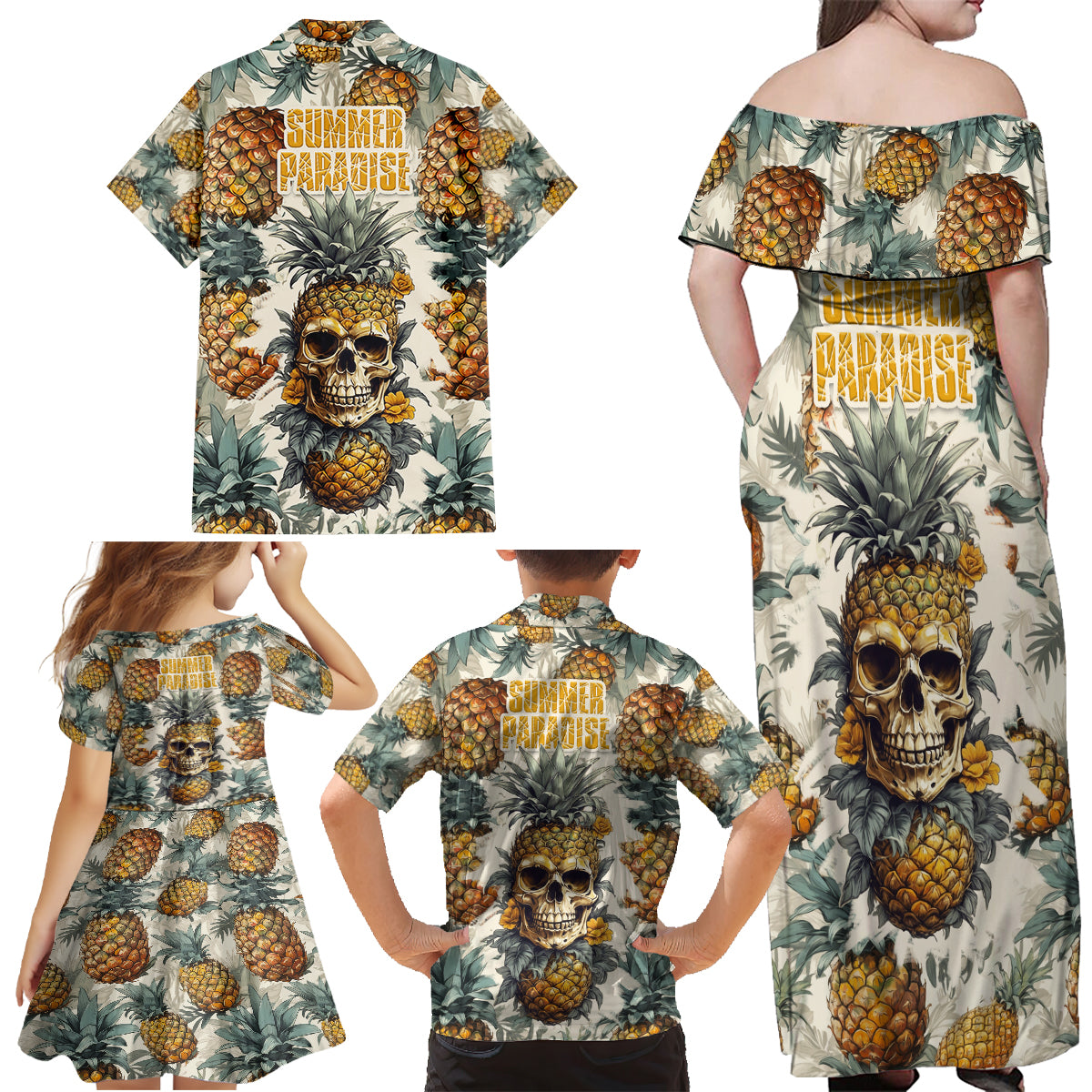 Pineapple Skull Family Matching Off Shoulder Maxi Dress and Hawaiian Shirt Summer Paradise - Wonder Print Shop