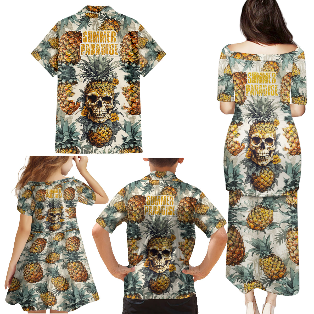 Pineapple Skull Family Matching Puletasi Dress and Hawaiian Shirt Summer Paradise - Wonder Print Shop