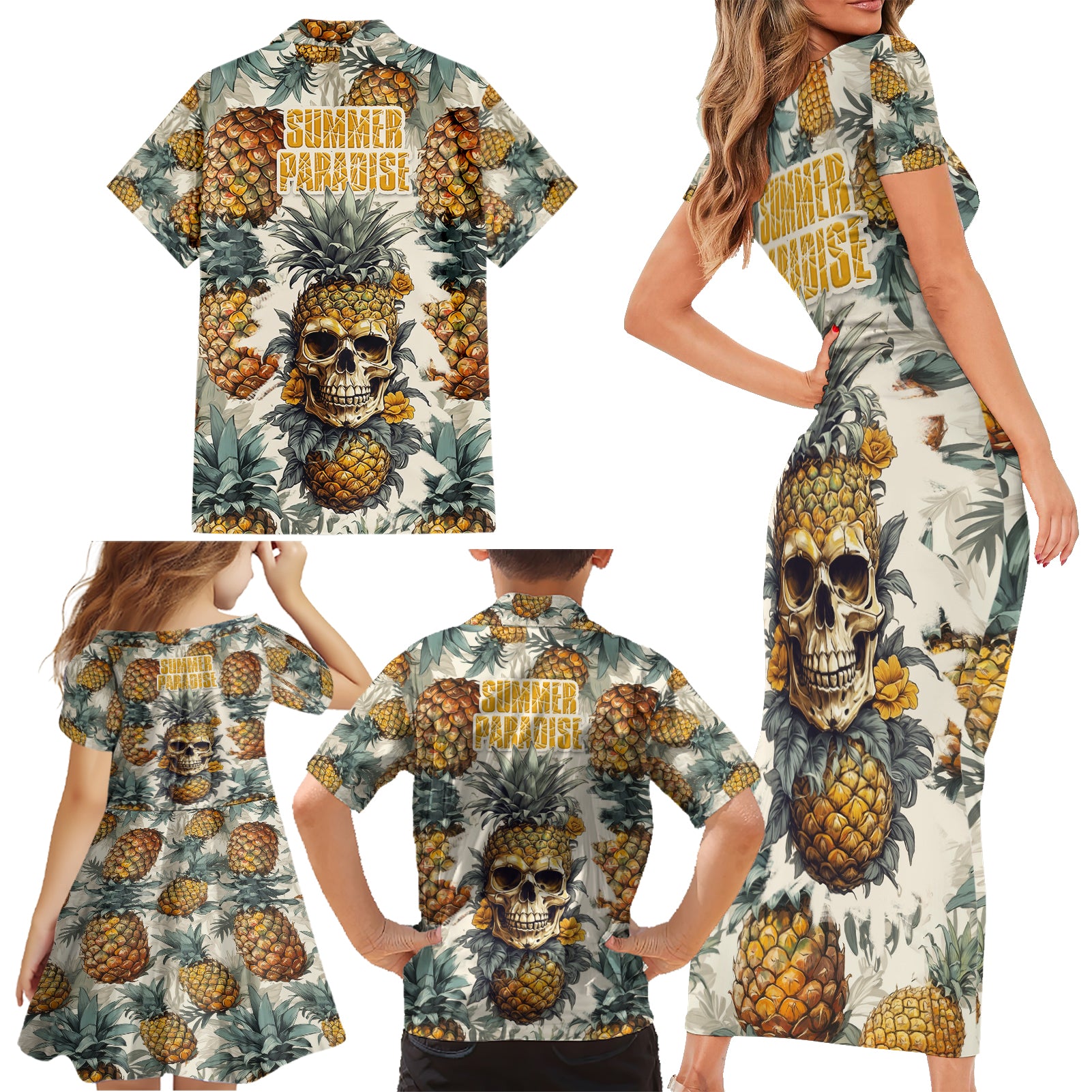 Pineapple Skull Family Matching Short Sleeve Bodycon Dress and Hawaiian Shirt Summer Paradise - Wonder Print Shop