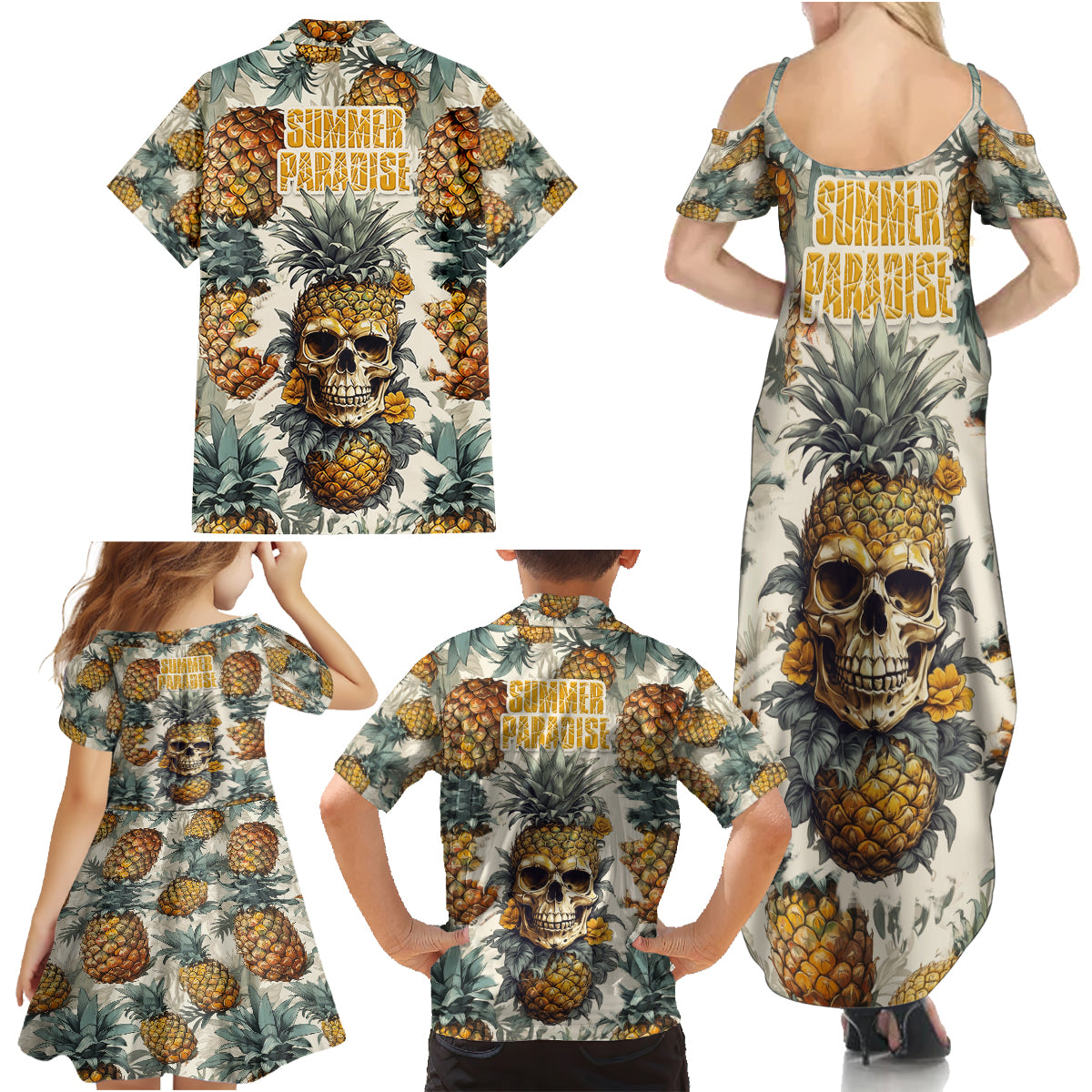 Pineapple Skull Family Matching Summer Maxi Dress and Hawaiian Shirt Summer Paradise - Wonder Print Shop