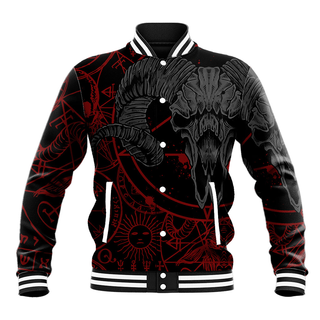 Black varsity-style button baseball jacket with red occult skull demon artwork and striped trim