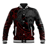 Black varsity-style button baseball jacket with red occult skull demon artwork and striped trim