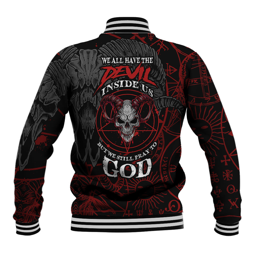 Black baseball jacket with red devil skull graphic and ribbed striped collar and cuffs