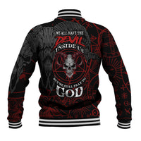 Black baseball jacket with red devil skull graphic and ribbed striped collar and cuffs
