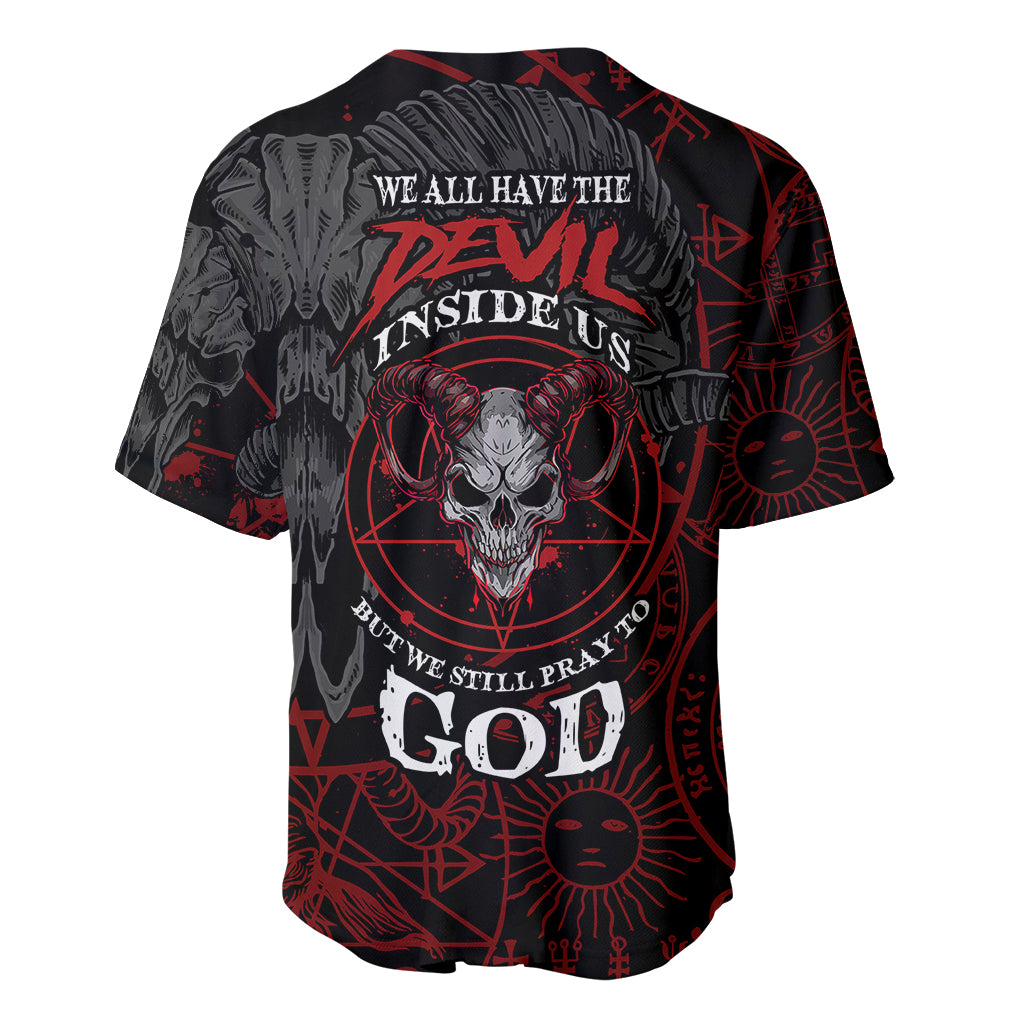 Black baseball jersey with skull demon graphic on back, red and gray illustration