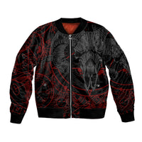 Unisex black bomber jacket with front zip and skull-themed red rune pattern