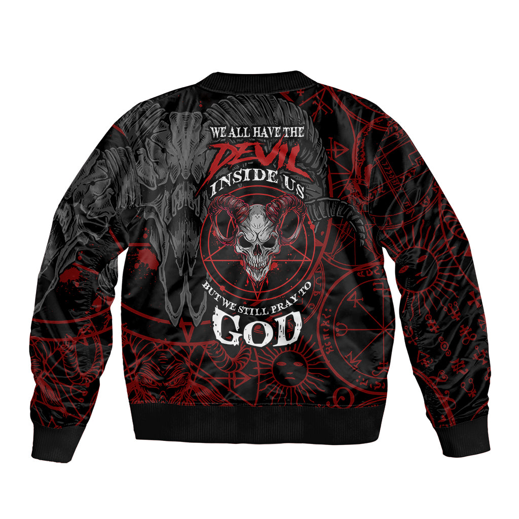 Unisex black bomber jacket with large skull graphic and red geometric print