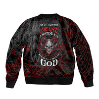 Unisex black bomber jacket with large skull graphic and red geometric print