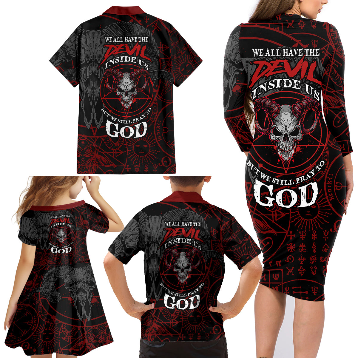 Skull Demon Family Matching Long Sleeve Bodycon Dress and Hawaiian Shirt We All Have The Devil Inside Us - Wonder Print Shop