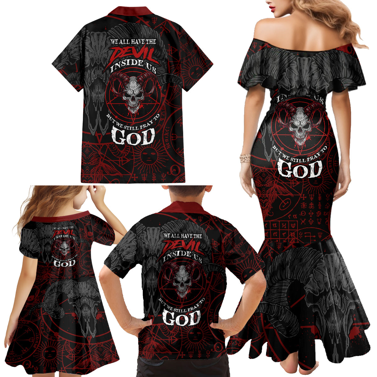 Skull Demon Family Matching Mermaid Dress and Hawaiian Shirt We All Have The Devil Inside Us - Wonder Print Shop