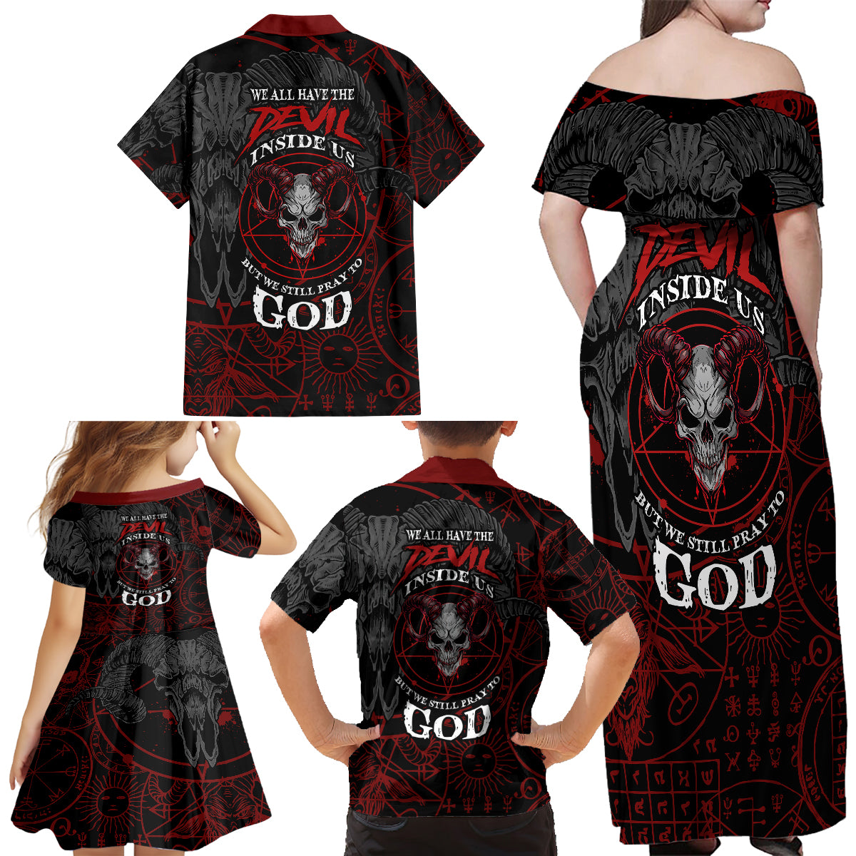 Skull Demon Family Matching Off Shoulder Long Sleeve Dress and Hawaiian Shirt We All Have The Devil Inside Us - Wonder Print Shop