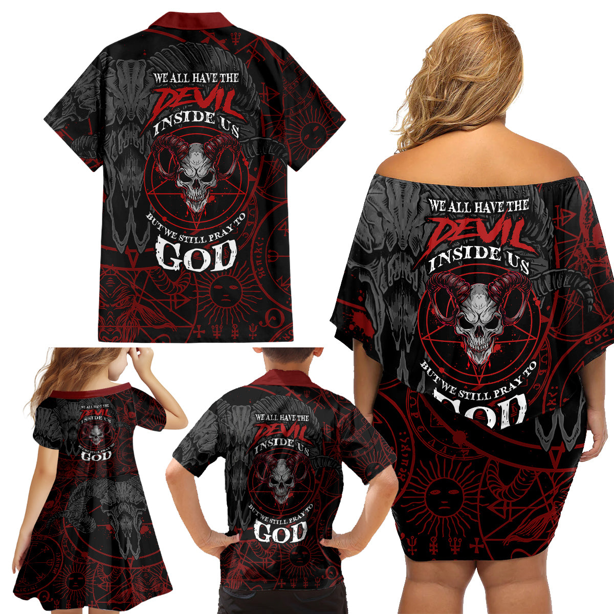 Skull Demon Family Matching Off Shoulder Short Dress and Hawaiian Shirt We All Have The Devil Inside Us - Wonder Print Shop