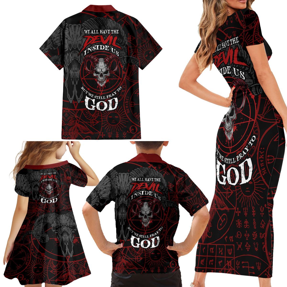 Skull Demon Family Matching Short Sleeve Bodycon Dress and Hawaiian Shirt We All Have The Devil Inside Us - Wonder Print Shop