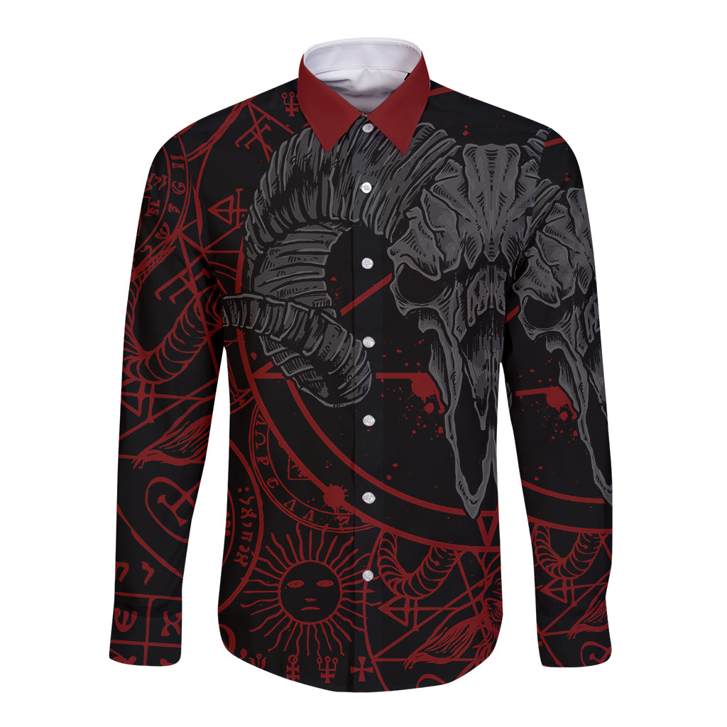 Black long-sleeve button shirt with red demonic skeleton face and abstract symbols