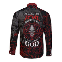 Black long-sleeve button shirt with red devil skull graphic, back design