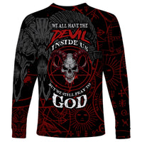 Unisex long sleeve black shirt with large red skull demon graphic and occult symbols