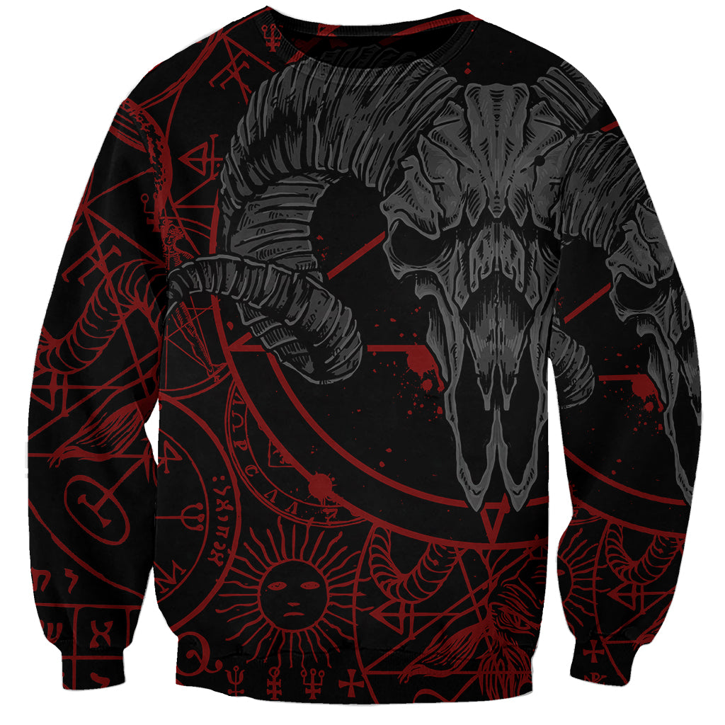 Black unisex sweatshirt with red occult pattern and demon skull artwork, crew neck