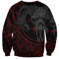 Black unisex sweatshirt with red occult pattern and demon skull artwork, crew neck