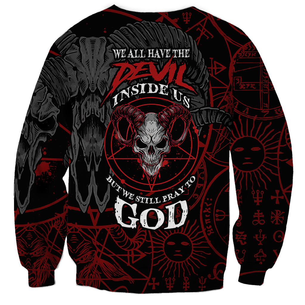 Black unisex sweatshirt with red demon skull graphic and occult symbols, crew neck