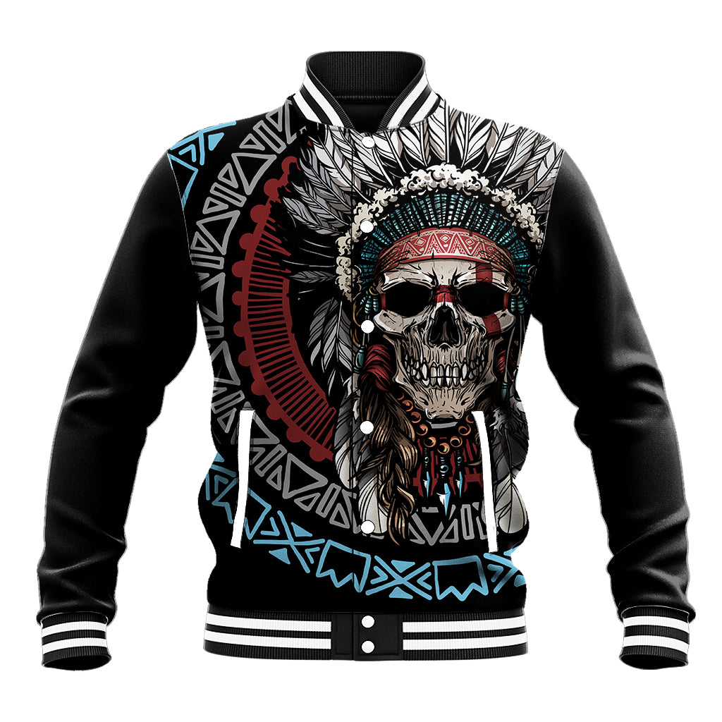 Black unisex baseball jacket with striped ribbed collar and front skull headdress graphic