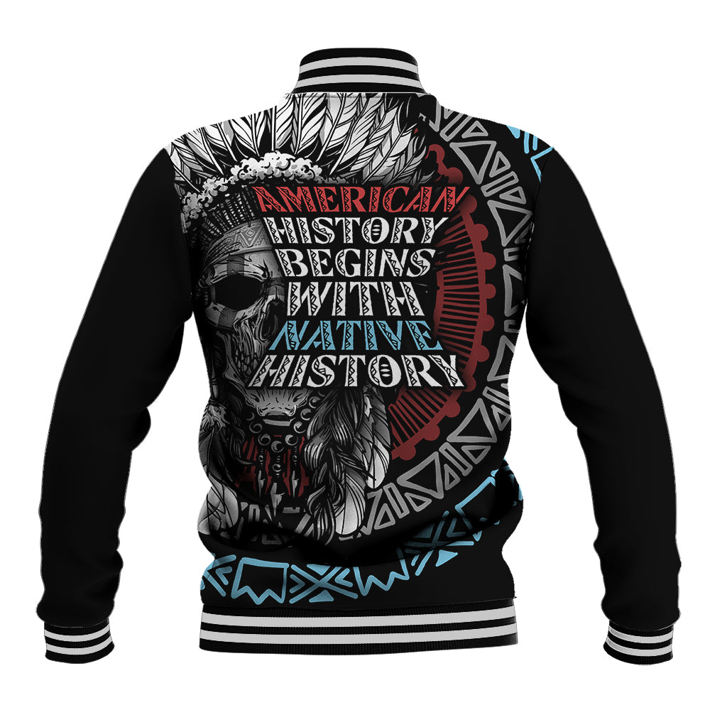 Black unisex baseball jacket with ribbed striped collar and large back skull graphic