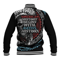 Black unisex baseball jacket with ribbed striped collar and large back skull graphic