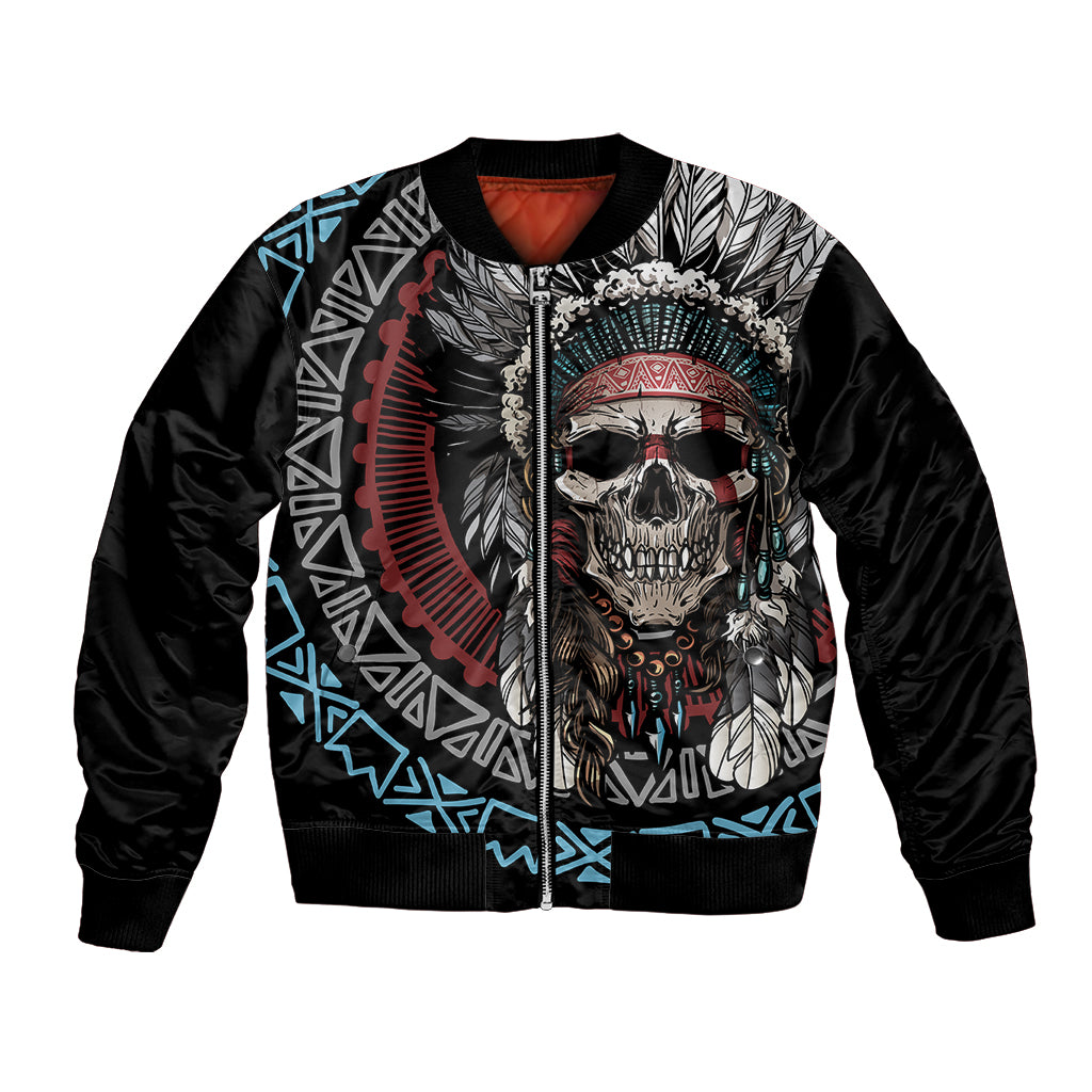 Black bomber jacket with Native-inspired skull graphic on front, full zipper and ribbed cuffs
