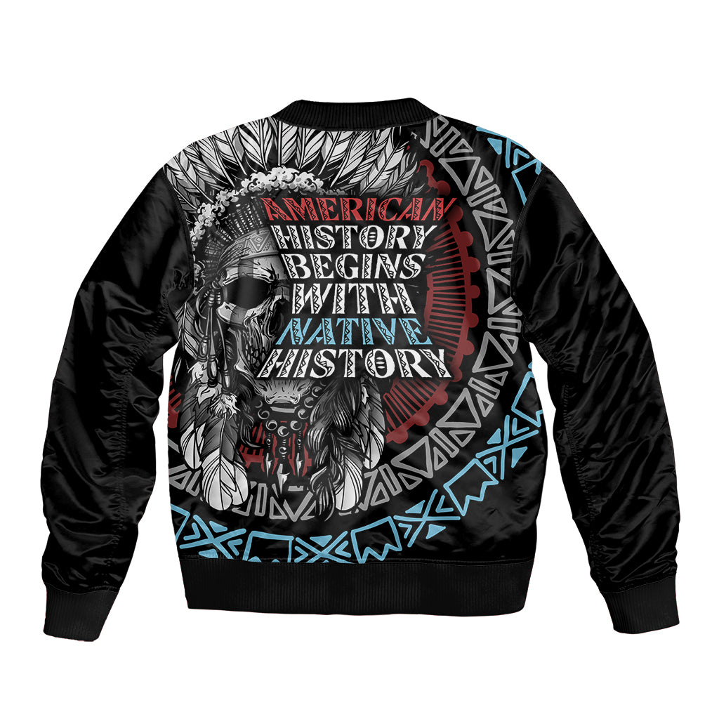 Black bomber jacket with large Native-inspired skull graphic on back, ribbed hem