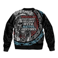 Black bomber jacket with large Native-inspired skull graphic on back, ribbed hem