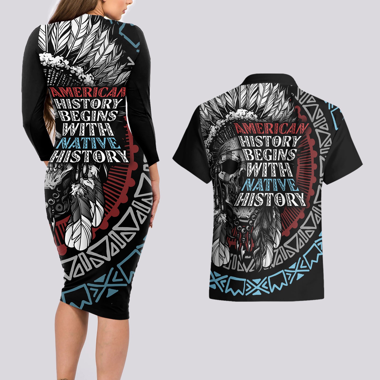 native-american-skull-couples-matching-long-sleeve-bodycon-dress-and-hawaiian-shirt-american-history-begins-with-native-history