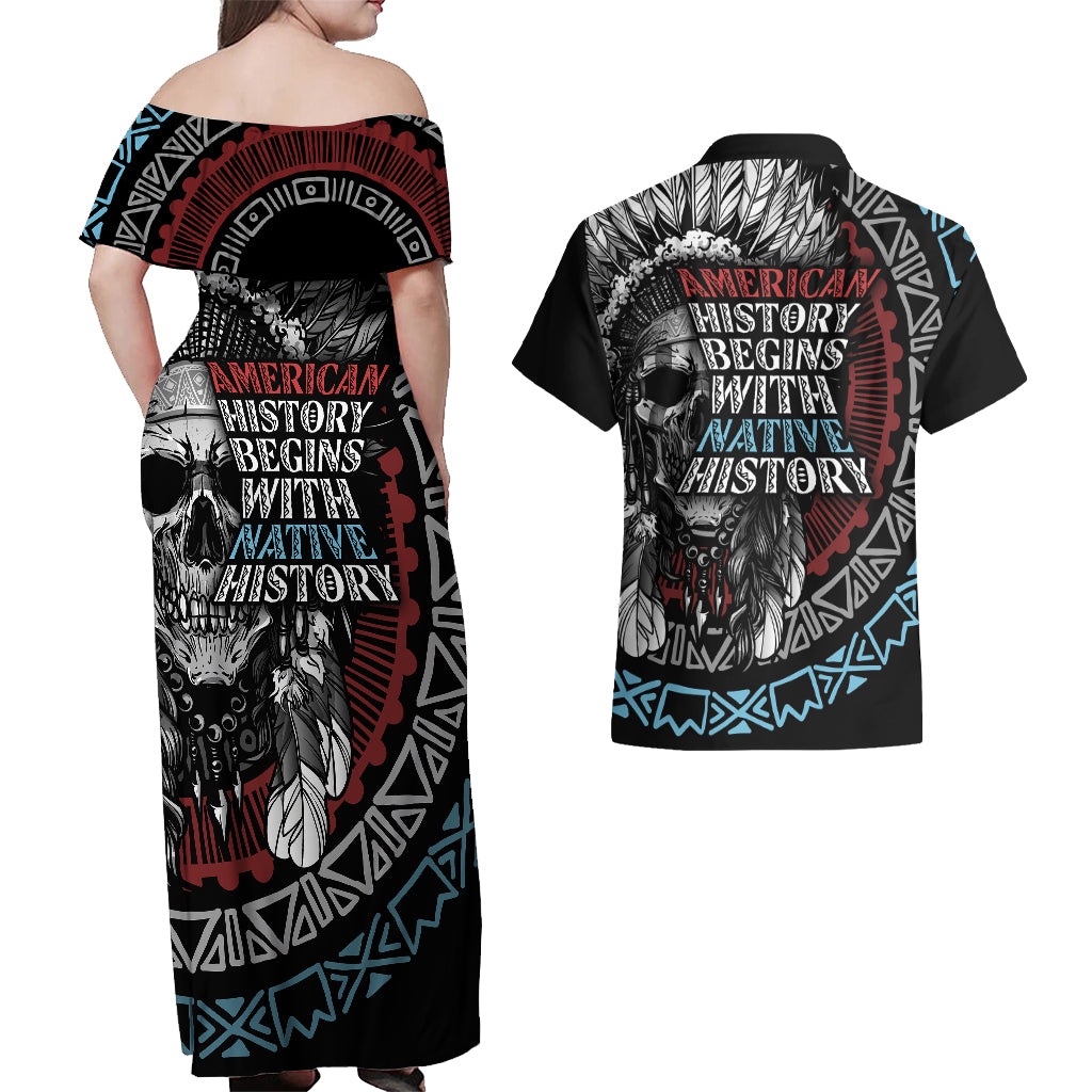 native-american-skull-couples-matching-off-shoulder-maxi-dress-and-hawaiian-shirt-american-history-begins-with-native-history