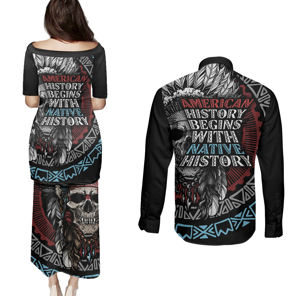 native-american-skull-couples-matching-puletasi-dress-and-long-sleeve-button-shirts-american-history-begins-with-native-history