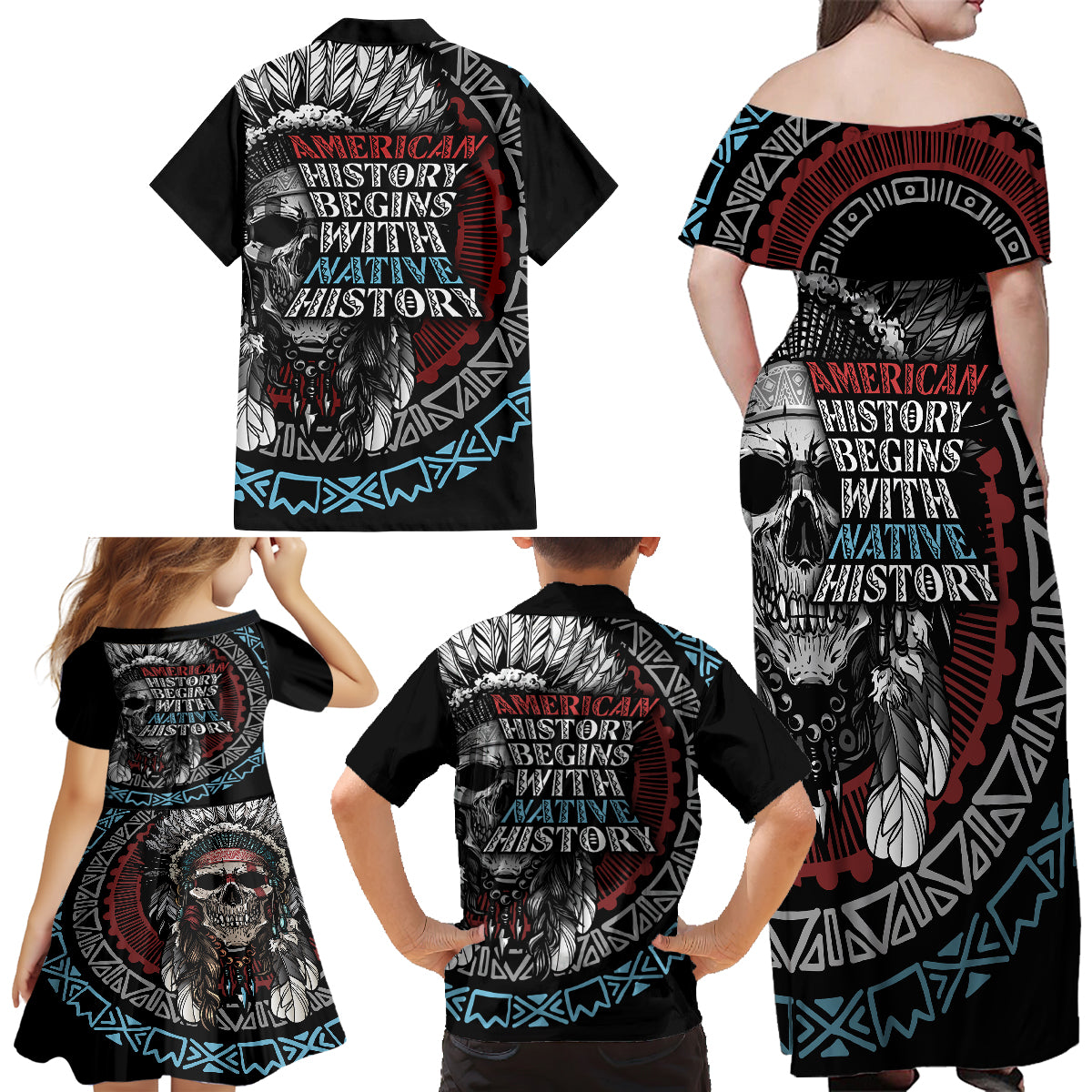 native-american-skull-family-matching-off-shoulder-long-sleeve-dress-and-hawaiian-shirt-american-history-begins-with-native-history