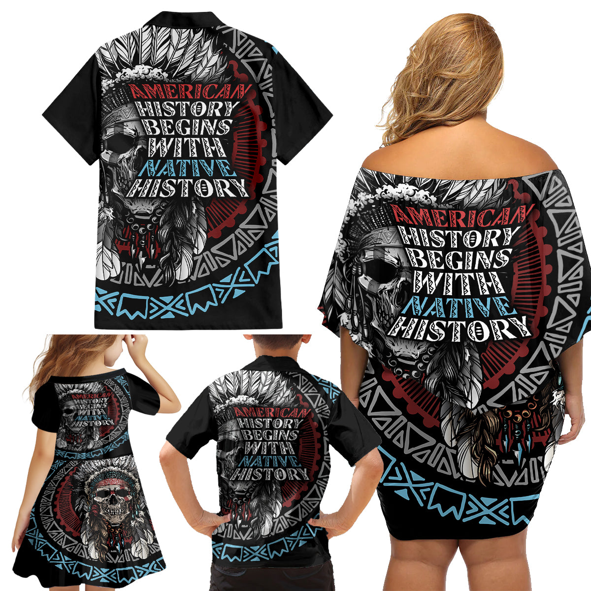 Native American Skull Family Matching Off Shoulder Short Dress and Hawaiian Shirt American History Begins With Native History - Wonder Print Shop