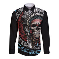 Black long-sleeve button shirt with skull and feather Native-style front graphic