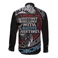 Black long-sleeve button shirt with Native-style skull feather graphic on back