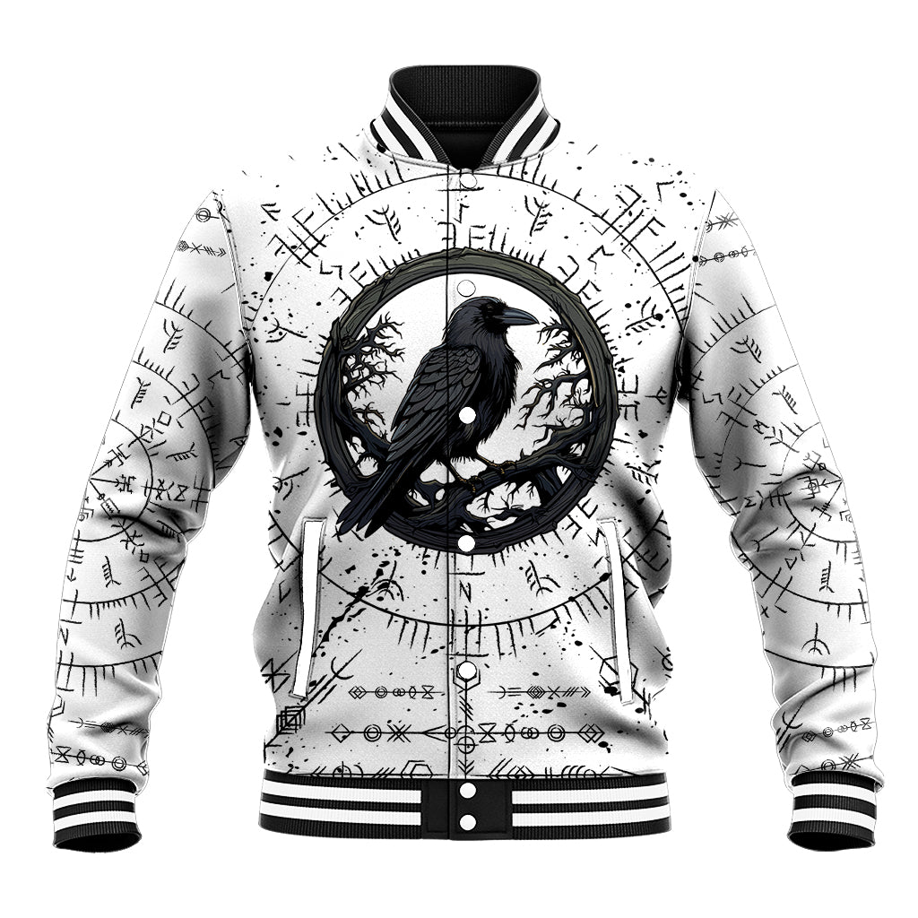 White unisex baseball jacket with black raven front graphic and ribbed trim