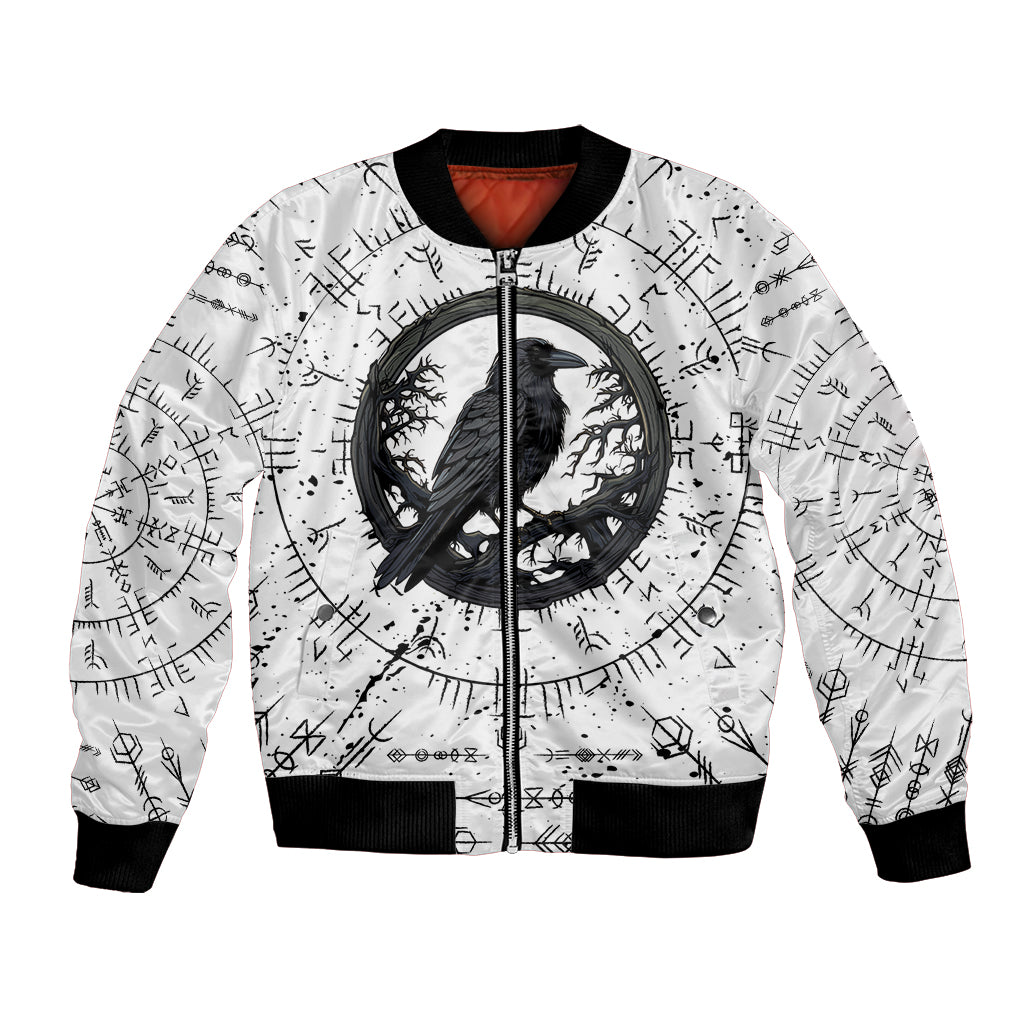 White bomber jacket with raven graphic, rune pattern, front zip, ribbed cuffs