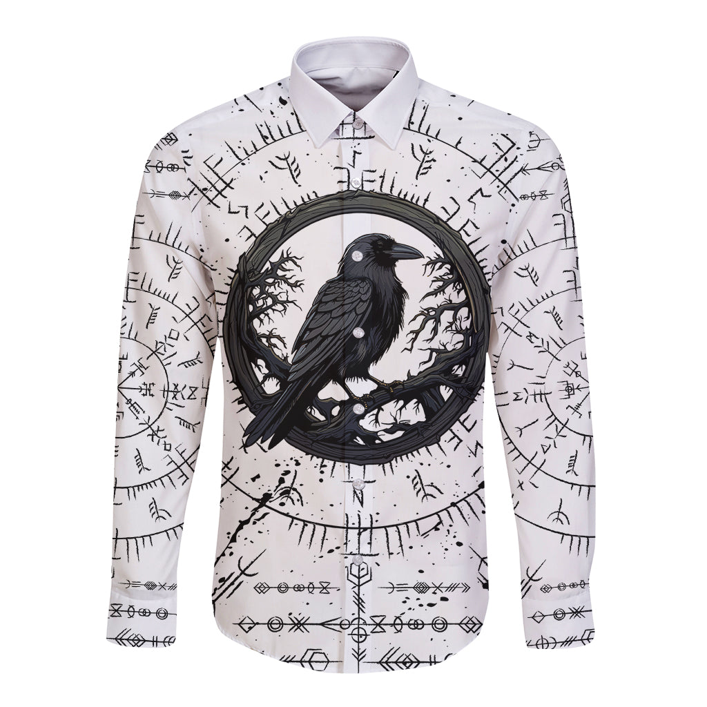 White long sleeve button shirt with black raven graphic and rune symbol pattern