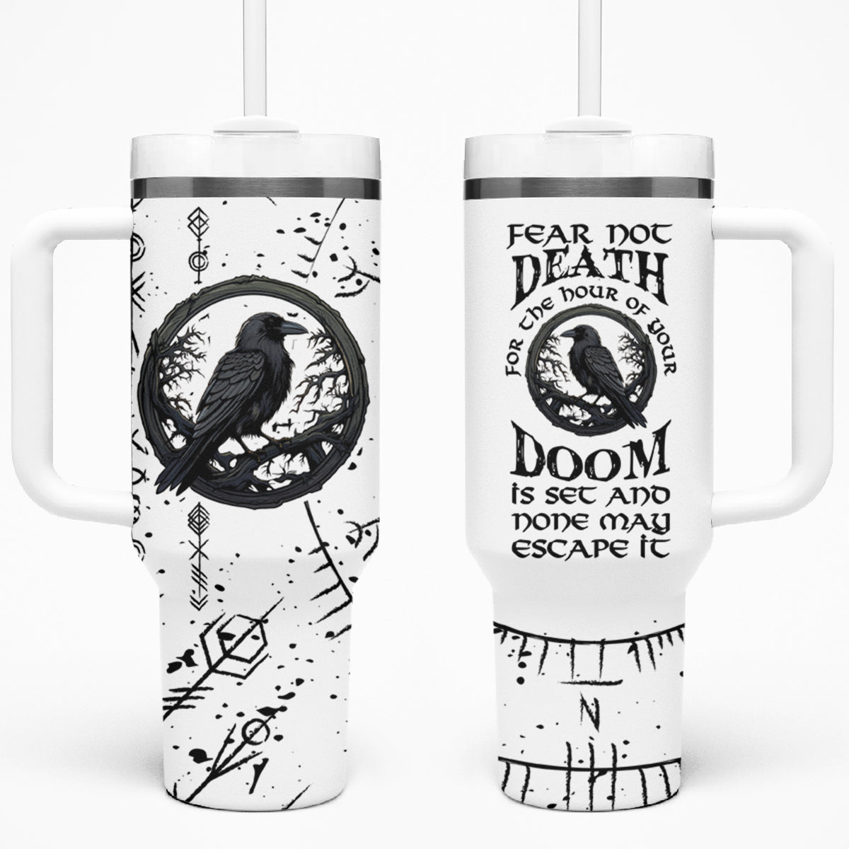 Viking Raven Tumbler With Handle Fear Not Death For the Hour Of Your Doom