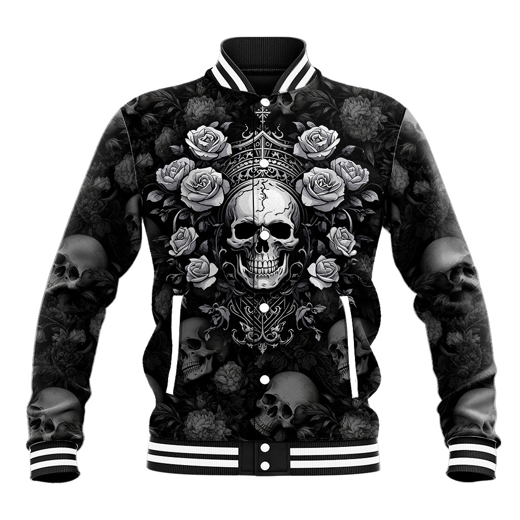 Black skull and rose baseball jacket with button front, ribbed striped collar and cuffs