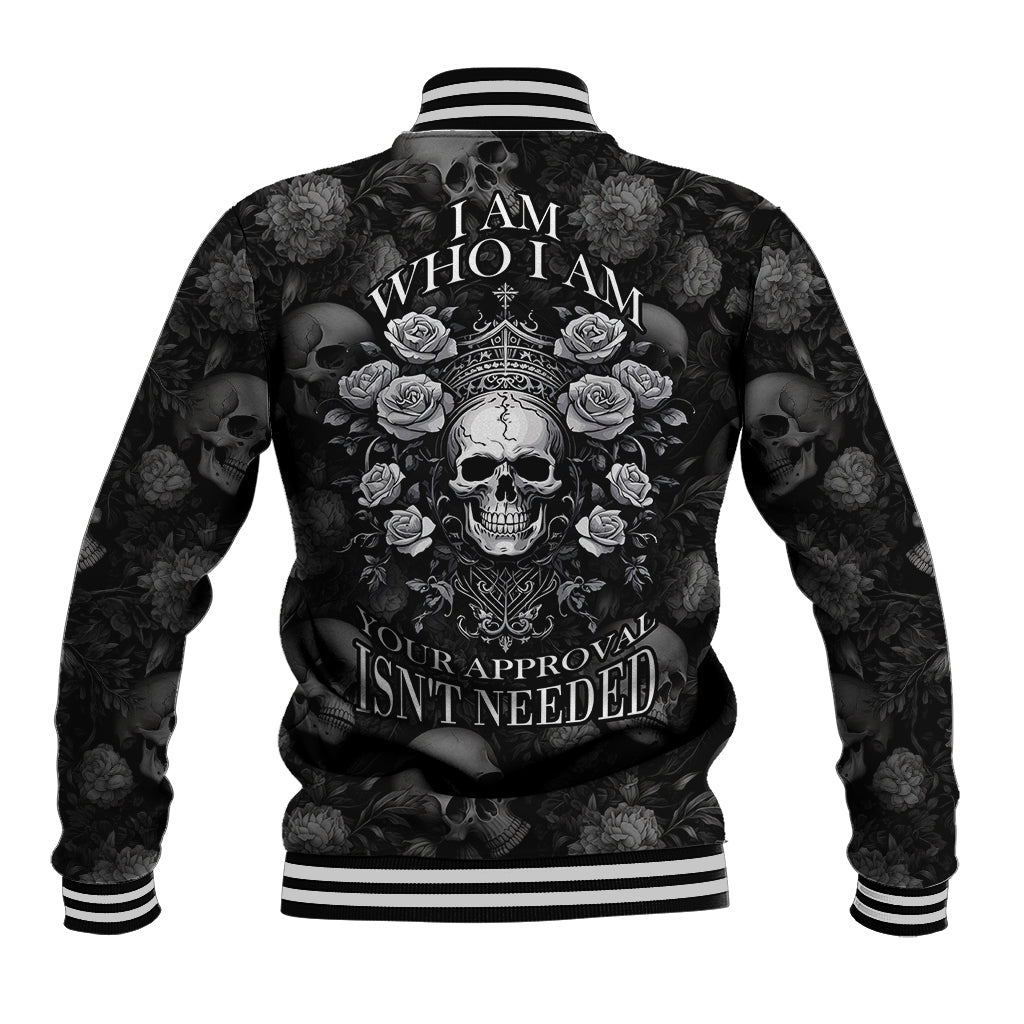Black back skull graphic baseball jacket with roses and text, ribbed striped collar and hem