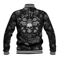 Black back skull graphic baseball jacket with roses and text, ribbed striped collar and hem