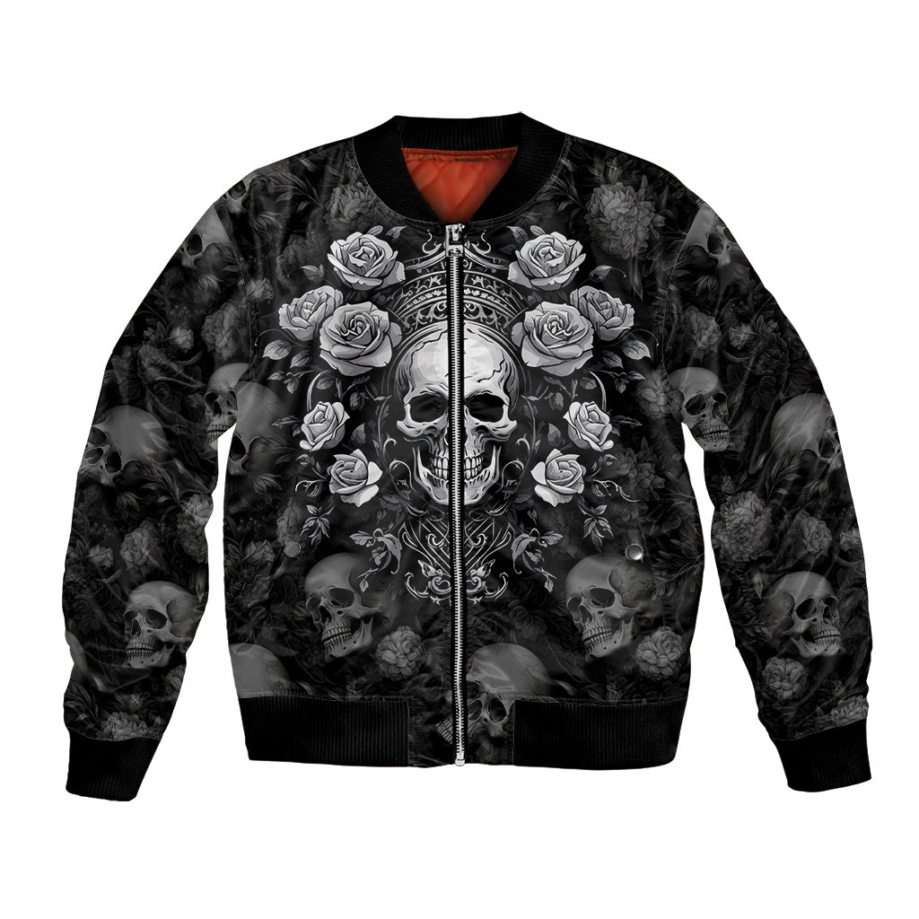 Black bomber jacket with skull and roses front graphic, ribbed collar and cuffs